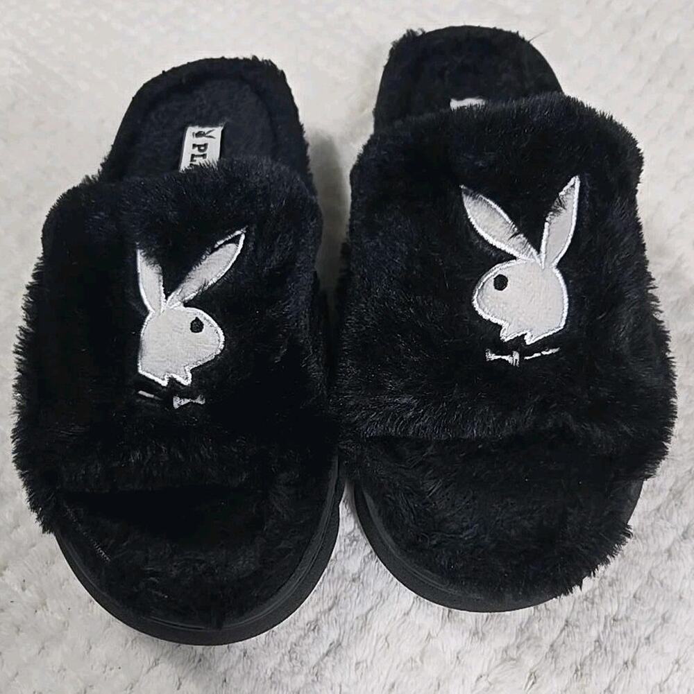 🐰 Playboy Black Plush Faux Fur Slide Slippers Bunny Logo Women's S/M 6.5-7.5